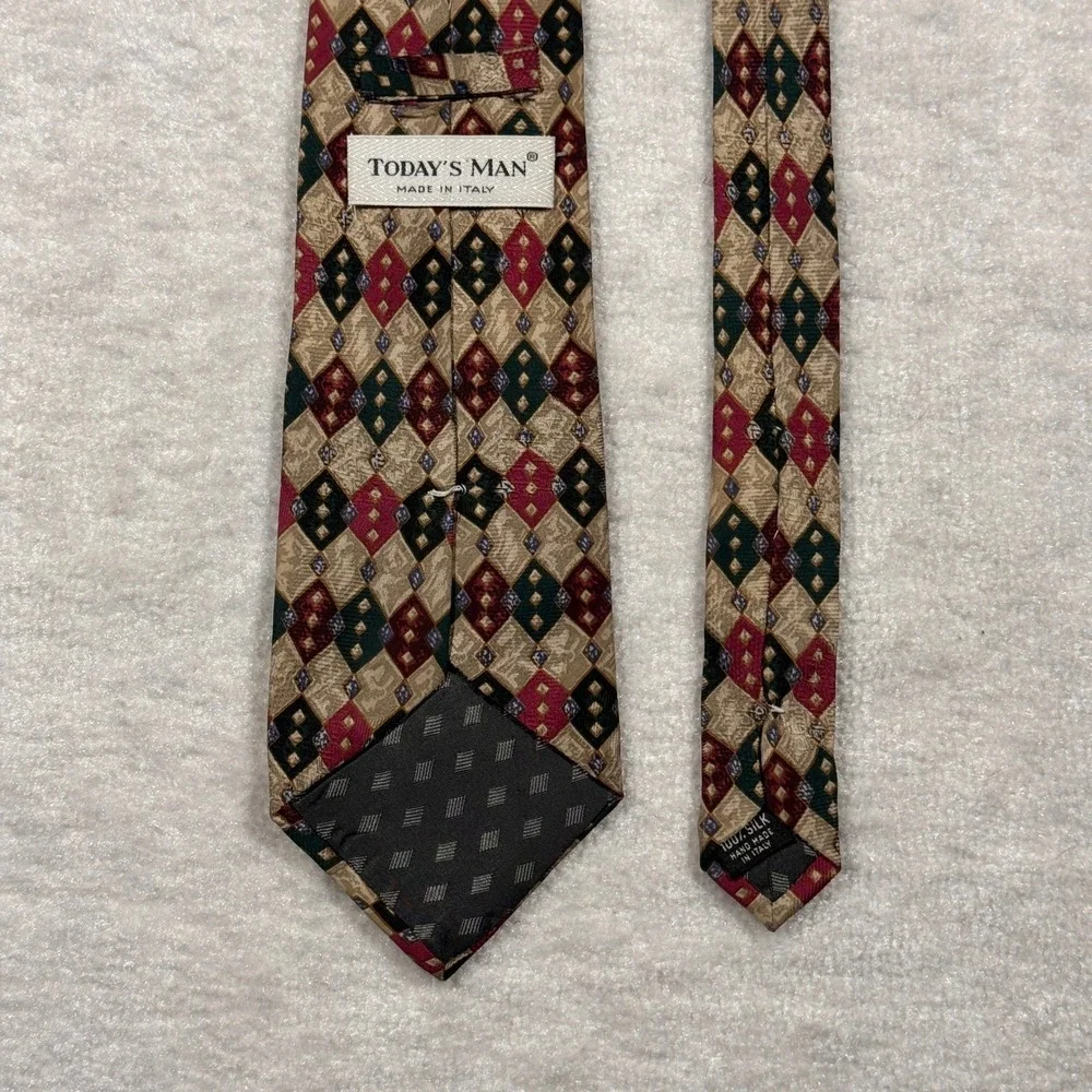 Today's‎ Man Italy Silk Neck Tie Argyle Diamond Pattern Burgundy Green